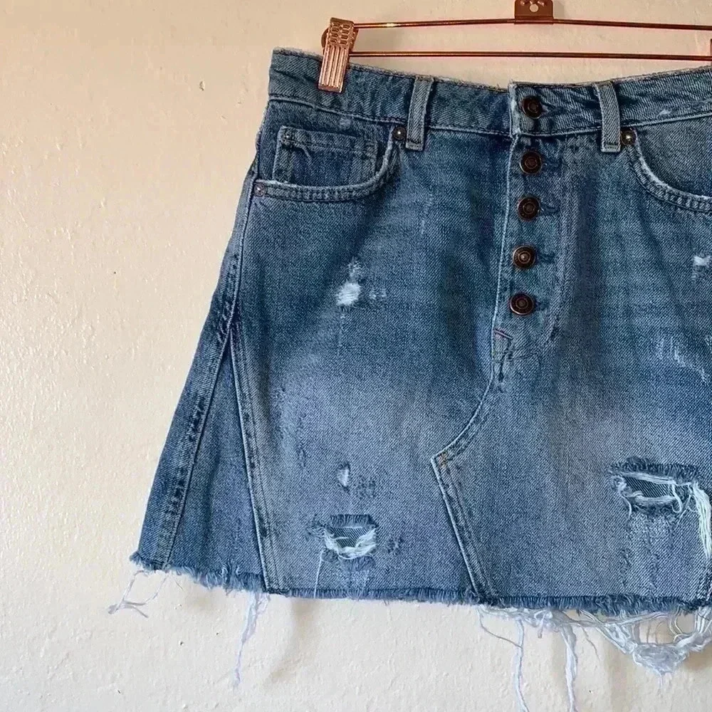Free People Distressed Raw Hem Denim A-Line Skirt Size 27